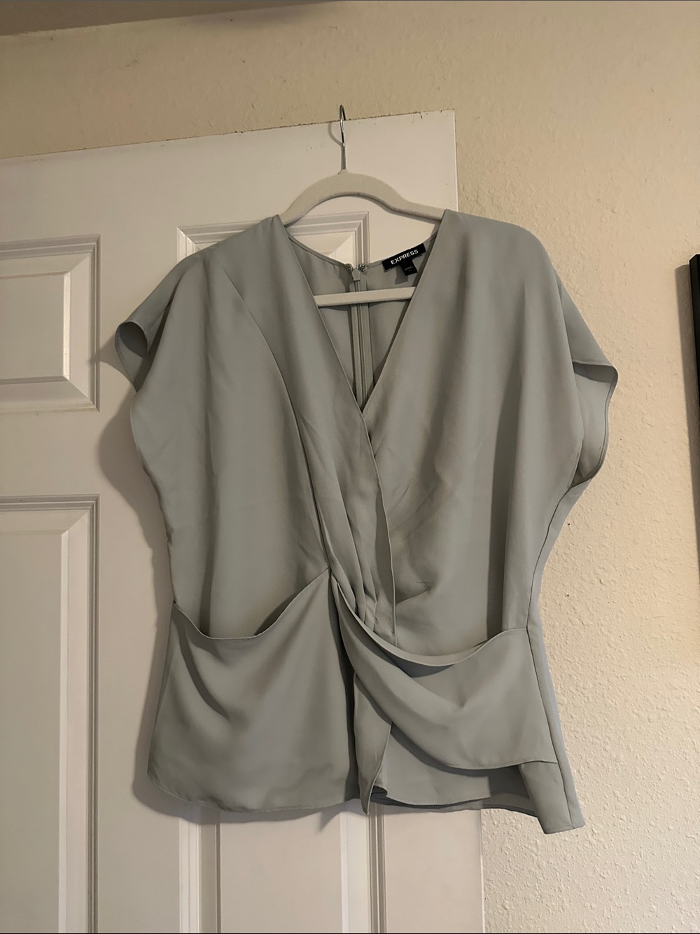 Express Pale Gray Twist-Front V-Neck Blouse